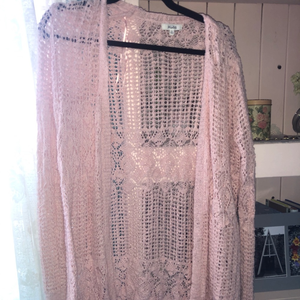 Long pink net cardigan